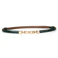 Elegant slim dark green genuine leather belt for women with gold pearl buckle decoration - Double Pearl Buckle / 45-95cm / Green