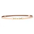 Elegant light beige skinny cowhide leather belt for women featuring a gold pearl buckle detail - Double Pearl Buckle / 45-95cm / Khaki