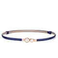 Thin navy blue leather belt for women with elegant double pearl buckle design. - Mixed Pearl Buckle / 45-95cm / Sapphire Blue