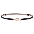 Women's minimalist black genuine leather skinny belt with gold interlocking buckle - Double Ring Buckle / 45-95cm / Black