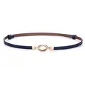 Elegant thin navy blue cowhide leather belt for women with gold knot buckle accessory - Double Ring Buckle / 45-95cm / Dark Blue