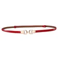 Elegant red skinny cowhide leather belt for women with polished gold metal buckle for dresses - Gold Hook Style / 45-95cm / Red