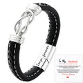 Detailed view of men's leather bracelet with engraved clasp and sentimental gift card - Forever Engraved Style (With Husband Card) / 19cm / Steel