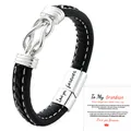 Men's braided black leather bracelet with silver knot and Love You Forever engraving - Forever Engraved Style (With Grandson Card) / 19cm / Steel