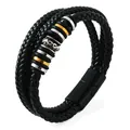 Pulsera de cuero trenzado multicapa para hombre con cuentas doradas y cierre magnético - 23CM / Negro Con Cierre Negro