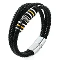 Pulsera de hombre de cuero trenzado multicapa con detalles en dorado y plateado - 21cm / Correa Negra Hebilla Plateada