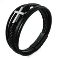 Pulsera estilo punk multicapa de cuero negro con cruz y cierre magnético resistente - Cruz Negra Multicapa / 19cm