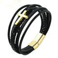 Pulsera de cuero negro multicapa para hombre con cruz dorada y cierre magnético - Cruz Dorada Multicapa / 19cm
