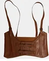 Vintage brown faux leather harness corset belt with adjustable buckles and shoulder straps - Camel