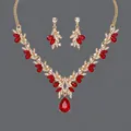 Élégant ensemble de bijoux de mariée avec collier floral en cristal rouge et boucles - Or+Rouge