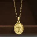 Vintage gold-tone cross pendant necklace shown on a brown velvet jewelry display case - Hammered Texture Retro Cross Style (155099-GD) / Gold