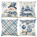 Set of 4 blue and white Christmas throw pillow covers with snowman and winter theme - Jym772 Series / 45x45 Square (No Insert)