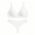 White seamless wireless bra and thong set with thin V-shape design for comfort - White
