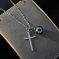 Men's stainless steel necklace featuring a 3D soccer ball and crystal cross pendant design - O-Chain Soccer + Rhinestone Cross / Silver