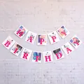 Vibrant "Happy Birthday" banner with colorful patterns on a white brick background. - Square Colorful Birthday Banner