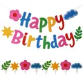 Colorful macaron Happy Birthday banner set with matching flower and star decorations - Colorful Cloud Garland and Cake Toppers Set