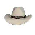 Beige felt Western cowboy hat with decorative band and metallic bull skull ornament - M (56-58cm) / Bull Head Skull Decor (171Q) / Light Beige