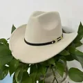 Vintage beige felt cowboy hat for men and women with black leather band and gold buckle - M (56-58cm) / Gold Buckle Style (169Q) / Light Beige