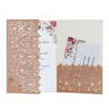 Detail of rose gold glitter laser-cut invitation with floral card and RSVP insert - Gold Apple