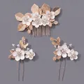 Elegante retro gouden blad en witte bloem bruids haarkam en speld set met parels - Gouden Veelzijdige Haarkam En Haarspeldset Hs-j7113g (driedelige Set)