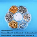 Detailed view of assorted DIY earring backs set in a flower-shaped clear storage box - Plum Tray Mix (With Box) / 550 Pieces/Pack