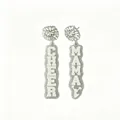 Detailed view of silver glitter acrylic earrings with Cheer Mama text for Mother's Day - Asymmetrical (L94) / Gray