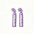 Detail of purple glitter acrylic earrings featuring white CHEER letter print design - Same Side (L94) / Purple