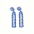 Detail view of blue glitter acrylic earrings featuring white "CHEER" lettering. - Same Side (L94) / Blue