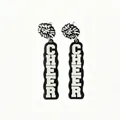 Close-up view of black acrylic earrings with white Cheer text and pom-pom details - Same Side (L94) / Black