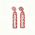 Detailed view of red glitter acrylic drop earrings featuring white vertical CHEER lettering - Same Side (L94) / Red