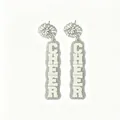 Detailed close-up view of silver glitter acrylic earrings with white CHEER lettering - Same Side (L94) / Gray