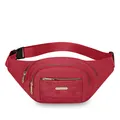 Stylish red quilted waist bag with multiple gold-zippered compartments for women - Red