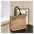 Borsa tote in iuta naturale con stampe geometriche nere e manici robusti per pendolari - Molla Triangolare Grande / Dimensioni Piccole: 26*27*14 Dimensioni Grandi: 34*30*17