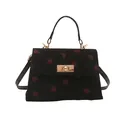 Elegant black corduroy handbag with red strawberry print and gold hardware - Black