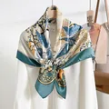 Elegant floral print silk scarf made of premium crepe satin texture for autumn styling - Cyan / 88*88cm
