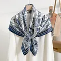 Elegant silk scarf with blue floral Toile de Jouy print for women - Teal / 88*88cm