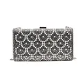 Pochette de soirée élégante avec perles et strass, motif éventail et chaîne argentée. - Noir