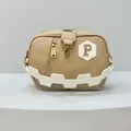 Beige patchwork crossbody bag with white letter P patch and gold tone hardware for women - Khaki