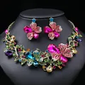 Vintage multicolored rhinestone butterfly floral necklace and earring jewelry set - Colorful