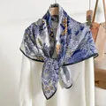 Elegant blue and white floral printed silk scarf with yellow accents for stylish autumn wear - Blue / 88*88cm
