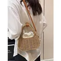 Sac à bandoulière rétro en paille tressée avec bandoulière en cuir et pochette intérieure - Camel