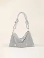Detailansicht der funkelnden silbernen Strass-Abendtasche mit elegantem Knotengriff - Silber