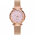 Detail of women's quartz watch with starry pink dial and rose gold Milanese strap - Pink