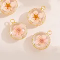 Handmade dried flower glass pendants in gold frame for DIY jewelry making projects - Pink Dried Flower Pendant