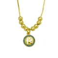 Detailed view of an 18K gold plated necklace with a "fé" pendant and blue beads. - fé Faith Hollow (DN260602-L)