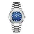 Elegante reloj de cuarzo para hombre con esfera azul y correa de acero inoxidable plateada - Caja Plateada Esfera Azul