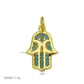 Gold-plated Hamsa hand pendant with blue stones and dimension details 11x20mm - Hollow Hamsa (DN260602-E)