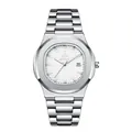 Elegante reloj de cuarzo para hombre con correa de acero inoxidable y ventana de fecha - Caja Plateada Esfera Blanca