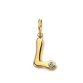 Detail view of a gold stainless steel letter L pendant with a clear birthstone - Letter L