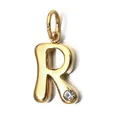 Detailed macro view of a gold stainless steel letter R pendant with clear gemstone inlay - Letter R